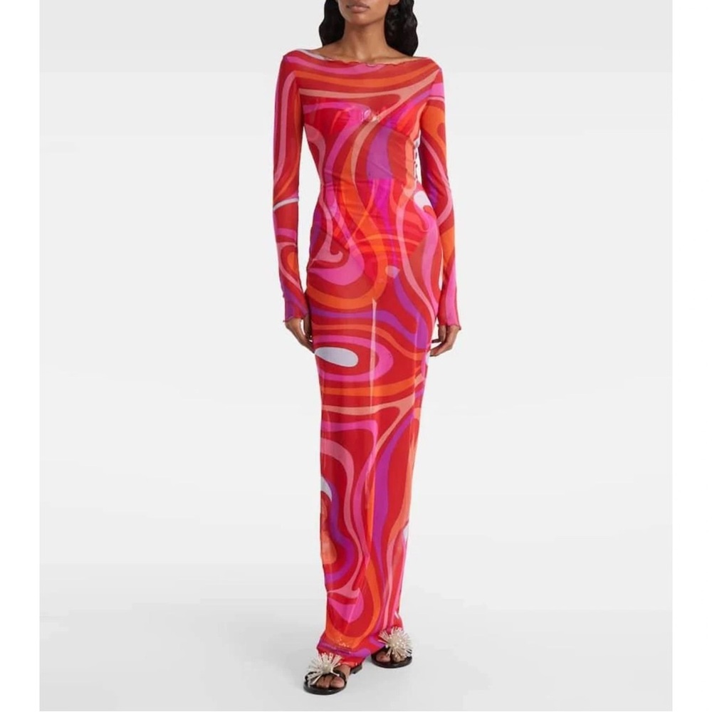 Emilio Pucci Red & Pink Swirl Long Sleeve Maxi Dress